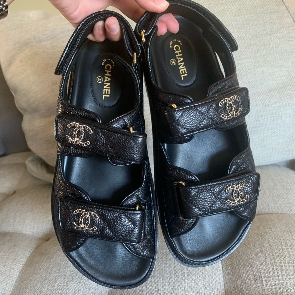 Chanel Dad Sandals Black Caviar Dad Sandal GoldCC Logo Mule Slide Flat size37.5 - Picture 8 of 10